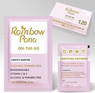 RainbowPana Feminine Wipes, 120 Count ON-THE-GO Individually Wrapped | Flushable Wipes, Travel Wipes for Women, Pre/Post-Intimacy Cleansing | Aloe, Portulaca, Vitamin E | pH Balanced, Biodegradable