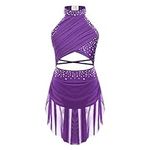 FEESHOW Girls Shiny Ballet Dress for Lyrical Jazz Latin Dance Costume Backless Gymnastics Leotard with Flowy Skirt Dancewear Purple 15-16 Years