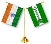 UNIq Janata Dal (United) - JDU flag & India Combo Y-Shape Classy Brass Base Flag Table Stand with Miniature 2-Layer Double Sided Printed Flags Made of 100% Special Silk Fabric (Warp-Knitted Polyester) (Janata Dal (United) - JDU, Y Shape Stand)