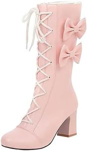 Bottes Femme Talon Carré Mi-mollet Cône années 60 70 Rétro Gothique Rock Punk Bottes Hautes Bowknot Bottes mi-mollet Femmes Lacer Bottes de Combat Moto Vintage Cowgirl Bottes de cow-boy 1