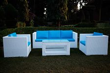 ROXXFLY Outdoor 5 Seater Sofa Set | Balcony Sofa | Indoor Sofa | Patio Furniture Sets | Wicker Rattan Garden 3+1+1 Sofa Set with Cushion and Center Table with Glass Top (White)