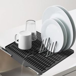 Silicone Dish Drying Mat with Drain Lip,Flip-Up Drain Board, Inclined Dish Drainer Mat Nonslip Dish Drying Pad Heat Resistant Silicone Drying Mat Dish Drain Board for Countertop Dishes Utensils(Black)