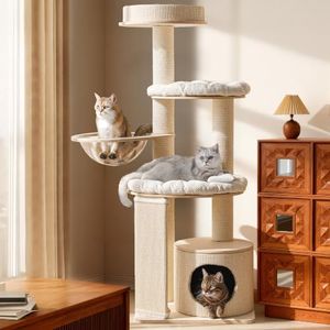 Sopapets Modern Wood Cat Tree Tower for Large Cats, Wooden Cat Tower with Scratching Posts, Hammock, Oversized Perch and Private Condo for Indoor Cats