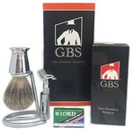 GBS 3 Piece Shaving Set (34) Safety Razor, Compact Brush & Razor Stand, Chrome Badger Shaving Brush + Blades