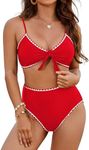 Blooming Jelly Womens High Waisted Bikini Set Tie Knot Two Piece Swimsuit Color Block Bathing Suit (Small, Red)