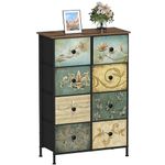 VEDECASA Chest of Drawers with 8 Drawers Narrow Tall Dresser for Bedroom Retro Floral Pattern Clothes Storage Organiser Unit for Living Room Entryway Closet Wood Board Metal Frame