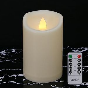 7LinRay 3" x 5" Flameless Candles Outdoor Battery Operated Candles with Remote and Timer, Waterproof Flameless Pillar Flickering LED Candles for Home Wedding Decor, Ivory Plastic, 1 Pack