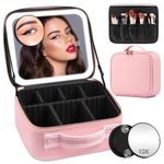 Makeup Case with Mirror and Lights, Travel Makeup Bag with Lighted Mirror, Makeup Case with Light Up Mirror & 2-Layers Adjustable Dividers, Portable Cosmetic Case Makeup Organizer Bag for Women(Pink)