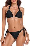 RELLECIGA Women's Black Retro Bikini Set Halter Tie Knot Triangle Bikini Top with Tie Side Bottom Bikini Bathing Suit for Women Size X-Large