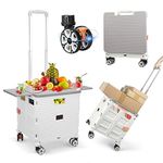 FELICON Folding Utility Cart Portable Rolling Crate Handcart with Durable Heavy Duty Plastic Telescoping Handle Collapsible Hidden Lid 4Rotate Wheels for Travel Shop Move Office Teacher(Gray&White)