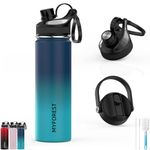 MYFOREST Insulated Water Bottle, 2 Lids for Small Sip/Large Gulp, 100% Dishwasher-Safe/Leak-Proof/BPA-Free/Top Handle/Carbonated Drinks/Cold/Hot (0.68L Navy-Cyan, 680ml/22oz)