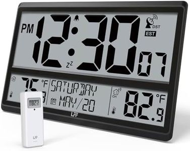 LFF Atomic Clock 4.5" Numbers, Atomic Wall Clock Never Needs Setting, Indoor Outdoor Temperature with Wireless Outdoor Sensor, Battery Powered, Clock for Office, Kitchen, Living Room, Bedroom