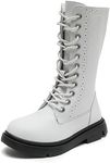 DADAWEN Little Kids' Girls' Boys' Lace-Up & Side Zipper Mid Calf Combat Booties Riding Boots-White 4.5 US