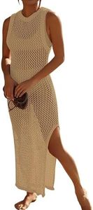 Bsubseach Crochet Cover Ups for Swimwear Women Hollow Out Swimsuit Coverup Backless Bikini Beach Dress Khaki