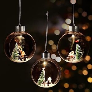 Boules de Noel lumineuse (3 Pcs) - Boules Transparentes Noel LED (9,6 x 10,8 cm) - Suspension Lumineuse Noel Père Noël, Rennes, Bonhomme de Neige pour Sapin et Decoration Noel Interieur Lumineuse