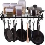 Craft Expertise "Large Iron Pan Pot Kitchen Shelves Rack With 10 S-Shaped Hooks - Kitchen Organizer, Wall-Mounted Cookware Storage, Space-Saving Rack - Iron, Rust-Resistant - 16"X8"X4" - Black