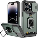 LuxuryKase Shockproof Armor Case for iPhone 14 Pro Max | Slide Camera Cover | Hidden Card Slot | Rotating Ring Kickstand | Magnetic Car Mount Support | Military Grade Protection – Green