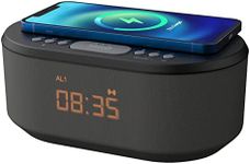 i-box Bedside Wireless Charging Alarm Clock Radio with Dimmable LED Display - Non Ticking Mains Powered Dual Alarm Clock with USB Charger and Bluetooth Speaker, Black