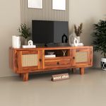 wood affair Sheesham Wood TV Unit for Living Room | Media Console Movable Tv Cabinet | Free Standing Tv Unit with 2 Door, Drawer & Shelf Storage | Sideboard Cabinet | Cane, Natural Finish