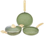 Amazon Basics Granite Finish Non Stick 3 Pcs Induction Base Cookware Set- Granite Finish Olive Green (24cm Fry Pan, 24 cm Kadai, 28cm Tawa)