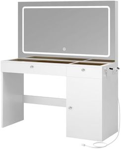 DWVO Vanity Desk with Power Outlet, Large 47 Inches Vanity Table with 3 Color Modes, 4 Layer Storage