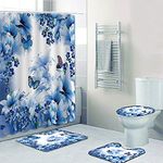 4 Pcs Flower Shower Curtain Sets with Bath Rugs Set,Flowers & Butterflies & Plants Waterproof Curtains Bathroom Decor with Non-Slip Rug, Toilet Cover,Absorbent Mats+ Hooks (Blue)