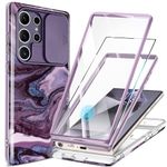 GVIEWIN Compatible with Samsung Galaxy S24 Ultra Case with Slide Camera Cover+Screen Protector,[2 Front Frames] 360° Armor Fullbody Shockproof Bumper Protective Marble Case 6.8", Quicksand/Purple