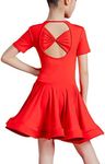 Libaobaoyo Girls Kids Latin Dance Dress Short Sleeve Professional Ballroom Bow Ballet Performance Dancewear, Red