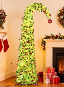 HMASYO 5 FT Whimsical Pop Up Christmas Tree with Timer Lights, Lime Green Christmas Tinsel Tree Collapsible Artificial Pencil Tree for Indoor Home Apartment Porch Holiday Party Decorations