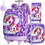 Rolling Backpack for Girls, 3PCS Wheeled School Bag with Lunch Bag for Kids, water resistance Roller Wheels Bookbag - Unicorn Purple, 21" Rolling Purple Unicorn, One Size, Unicorn Rolling Set Purple