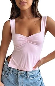 BAIGRAM Women’s Sleeveless Skinny Crop Tank Top Sexy Pleated Bustier Sweetheart Neck Strappy Y2K Slits Cropped Vest Cami, Pink, Small