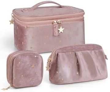 Wedama Makeup Bag Gift for Women, Double-layer Cosmetic Bag with Jewelry Storage and Brush Holder 3 Pcs Velvet Makeup Organizer Bag Gift Set Travel Toiletry Bag for Women Girls, Pink