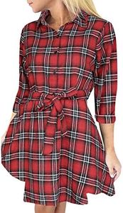 FANCYINN Womens Christmas Plaid Dresses Flannel Button Down Long Sleeve Shirt Dress Winter Casual Dresses Mini Dress with Pockets Red & White & Black M