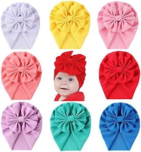 Cinaci 8 Pack Solid Knotted Bowknot Big Hair Bow Beanie Turban Hats Caps Wide Headwraps for Baby Girls Infants Toddlers Little Kids