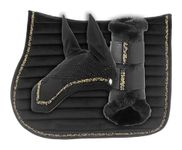 Equinavia Arendal Matching English Riding Horse Set | All Purpose Saddle Pad, Brushing Boots, and Ear Bonnet - Black/Gold - Horse