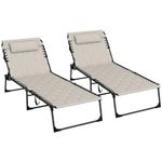 Outsunny 2 Piece Foldable Sun Lounger Set with 5-level Reclining Back, Outdoor Tanning Chairs Sun Loungers with Build-in Padded Seat, Side Pocket, Headrest for Beach, Yard, Patio, Khaki