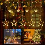 iShabao Christmas Star Curtain Lights, 138 LED Curtain Fairy Lights with 12 Stars, 8 Modes Christmas Window Lights for Xmas Tree, Party, Wedding, Garden, Bedroom, Christmas Decorations (Warm White)