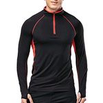 Muscle Alive Men's Quarter Zip Running Active T Shirts Workout Long Sleeve Jersey with Thumb Holes Polyester and Spandex Black XL