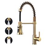 ZHZIRO Kitchen Tap, Kitchen Sink Mixer Tap with 360° Swivel Pull Down Sprayer Commercial Kitchen Taps Single Handle Mixer Tap Cold and Hot 3-Modes Spray with Standard Fittings（Gold)