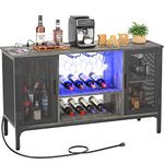 Homieasy Wine Bar Cabinet with Led Lights and Power Outlets, Industrial Coffee Bar Cabinet for Liquor and Glasses, Farmhouse Bar Cabinet with Removable Wine Racks, Black Oak