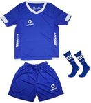 LEOCI Boy's Soccer Jersey Kids Unisex Girls Football Outfit Suit Jersey/Shorts/Socks Kit Short-Sleeve and Bottom Set, Blue 002, Large