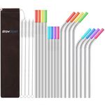 StrawExpert Set of 16 Reusable Stainless Steel Straws with Travel Case Cleaning Brush Silicone Tips Eco Friendly Extra Long Metal Straws Drinking for 20 24 30 oz Fit Yeti Tervis Rtic Tumbler