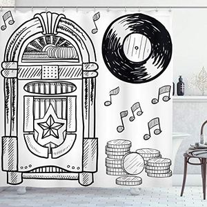 Jukebox Shower Curtain, Doodle Style Retro Music Box Notes Coins Long Play Vintage Sketchy Artwork, Fabric Bathroom Decor Set with Hooks, 75 Inches Long, Black and White