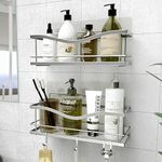 KINCMAX Shower Shelves 2-Pack - Self Adhesive Shower Caddy with 4 Hooks - No Drill Large Capacity Stainless Steel Wall Shelf - Shower Organiser for Inside Bathroom - Matte Black