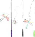 QWINEE 3Pc Dragonfly Cat Teaser Wand Toys Interactive Cat Toy for Indoor Cats Kitty Kitten Multicolor one-Size