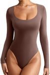 REORIA Womens Fall Outfits Basic Scoop Neck Long Sleeve Leotards Fashion Sexy Double Lined Layering Slim Body Suit Tops Plus Size Coffee X-Large