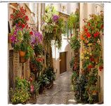 GCTNBJL Italian Shower Curtain European Garden Greece Scene Tuscany Vintage Street Floral Plant Mediterranean Brown Green Bathroom Home Curtain with Hooks,70" Wx70 H