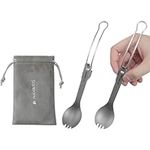 Navaris Titanium & Stainless Steel Spork - Lightweight Foldable Travel Cutlery Sporks for Camping - Compact Reusable Fork & Spoon with Locking Mechanism & Carry Bag - Set of 2