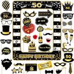 50th Birthday Photo Booth Props and Inflatable Selfie Frame, 35 Pcs 50th Funny DIY Birthday Party Props for Women Men, Black Gold Inflatable Party Photo Booth Frame