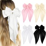 4Pcs Hair Bows for Women Big Bows for Hair Black Silky Satin Bow Hair Clips White Pink Hair Ribbons Cute Girls Hair Bows Large Bows with Long Tails Bowknot Clips Barrettes Aesthetic Hair Accessories